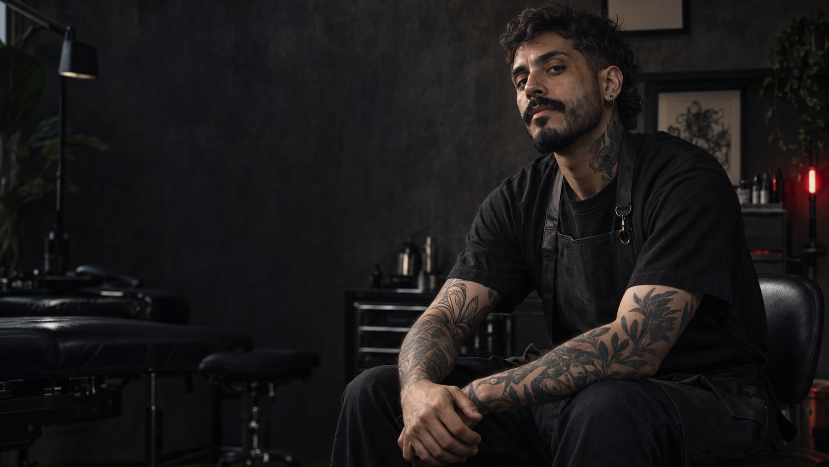 Artista de tatuagem em um estúdio contemporâneo